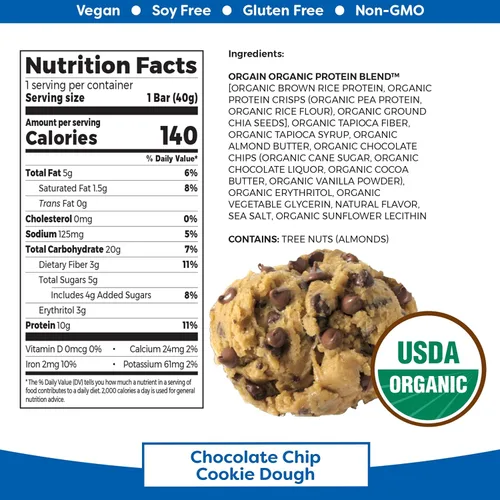 Miniatura 7 de Orgain Batido de proteína vegana nutricional orgánico, grano de vainilla (paquete de 12) barras de proteína vegana orgánica, masa de galletas