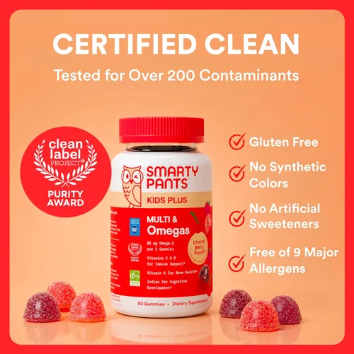 Miniatura 10 de Gomas de multivitaminas para niños SmartyPants - Fórmula mejorada: Omega 3 (DHA/EPA), vitaminas D3, C, B12, B6, vitamina A, K y zinc, sin gluten
