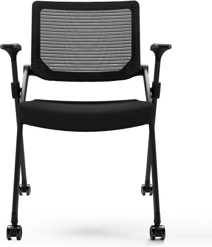 Miniatura 4 de Juego de 2 sillas de oficina plegables con ruedas de PU, malla ergonómica con respaldo elástico, silla apilable para sala de conferencias, silla