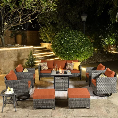 ovios Juego de muebles de patio de 9 piezas con mesa cuadrada para hoguera, sillas mecedoras giratorias al aire libre, juego de conversación de