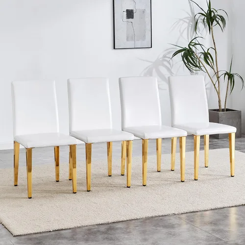 Juego de 4 sillas de respaldo de piel sintética blanca con patas de metal plateado. La combinación perfecta, adecuada para estilos minimalistas y