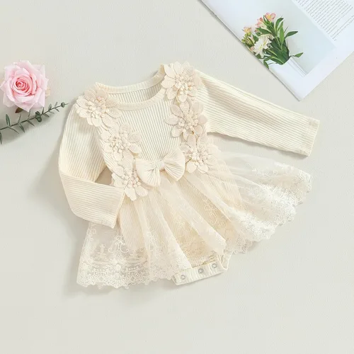 Miniatura 3 de Mameluco para bebé recién nacido, manga larga, con volantes, vestido floral 3D, ropa de otoño
