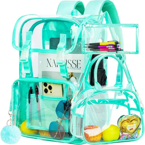Miniatura 32 de Mochila transparente, aprobada por el estadio, para niñas y niños, mochila transparente de PVC resistente para mujeres y hombres