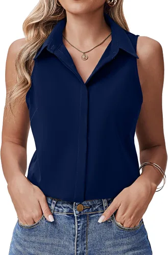 Miniatura 11 de HOTOUCH Camisas sin mangas con botones ocultos para mujer, frente con botones ocultos, cuello, blusas casuales elegantes holgadas para oficina