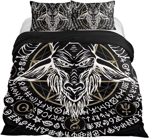 Miniatura 9 de Baphomet and Lucifer Bedding - Juego de funda de edredón de 3 piezas, tamaño Queen, funda de edredón con cierre de cremallera, 4 lazos en las Black02