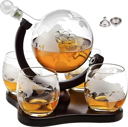 Juego de decantador de whisky con diseño de globo terráqueo con 4 vasos para whisky con grabados. Regalos para papá, esposo, hombre, espacio para