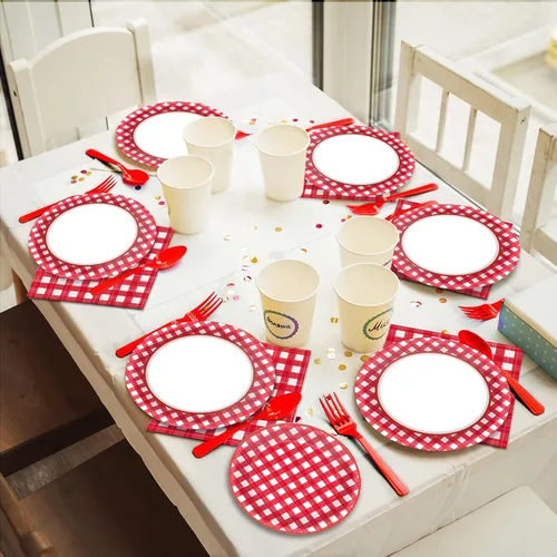 Miniatura 5 de Tevxj 96 PCS Platos de Fiesta de Pícnic Rojos y Blancos de Cuadros Vichy Vajilla de Fiesta Barbacoa Platos de Papel Desechables Servilletas