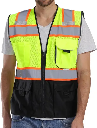 Chaleco de seguridad Dib Safety reflectante con bolsillos y cremallera, malla de alta visibilidad ANSI Clase 2, fabricado con cinta reflectante 3M,