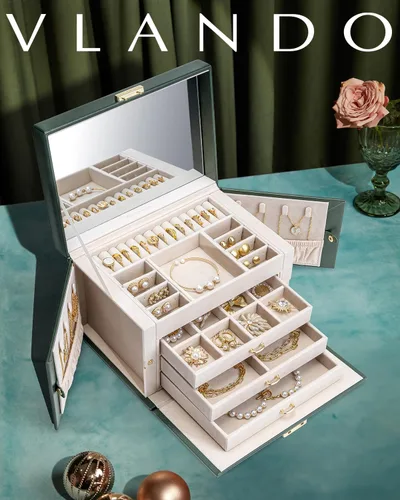 Miniatura 34 de Vlando Joyero de piel sintética, organizador mediano de joyería, regalo vintage para mujer, patrón de cruz rosa
