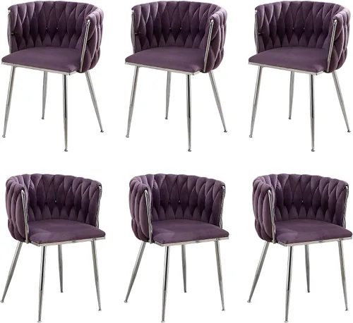 Miniatura 10 de Juego de 2 sillas de comedor de terciopelo, sillas laterales tapizadas tejidas con patas de metal plateado, Sillas de Comedor 2, sillas decorativas