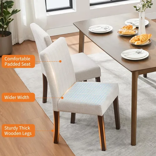Miniatura 7 de Juego de 2 sillas de comedor tapizadas, sillas laterales de cocina de tela moderna con patas de madera resistentes, diseño Parsons, cómodo lino