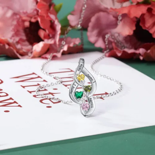 Miniatura 5 de Collar personalizado de plata de ley, collar con colgante de piedra natal de la madre con nombres grabados, collar familiar para mujer, Metal