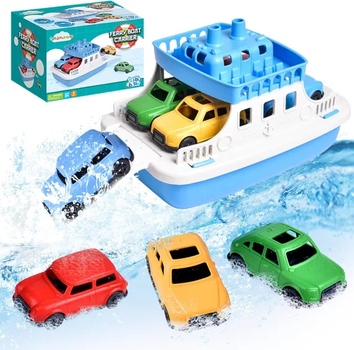 FUN LITTLE TOYS Barco de juguete para baño para niños pequeños con 4 juguetes de mini autos, juguetes de agua para niños, barco de ferry para