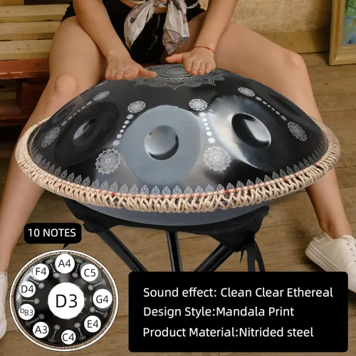 Miniatura 2 de 22 pulgadas 10 notas D menor 432HZ instrumento de tambor de acero handpan para adultos, negro