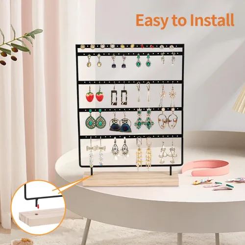 Miniatura 2 de Soporte organizador de aretes con 100 agujeros, 5 niveles, organizador de joyas, estante de base de madera, almacenamiento de aretes para niñas