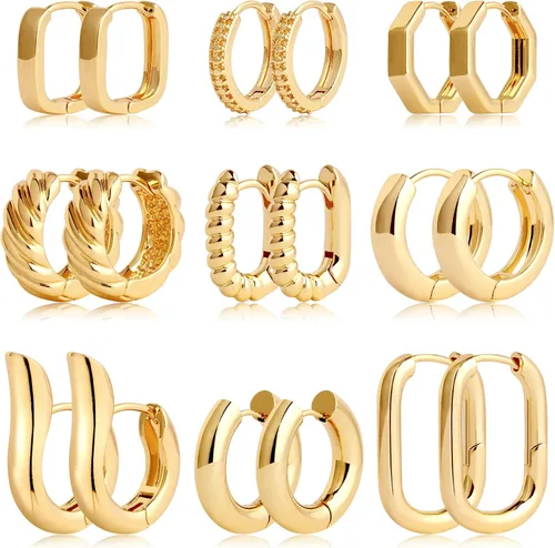 Juego de 9 pares de aretes de aro de oro grueso para mujer, chapados en oro de 14 quilates, hipoalergénicos, trenzados, joyería gruesa para