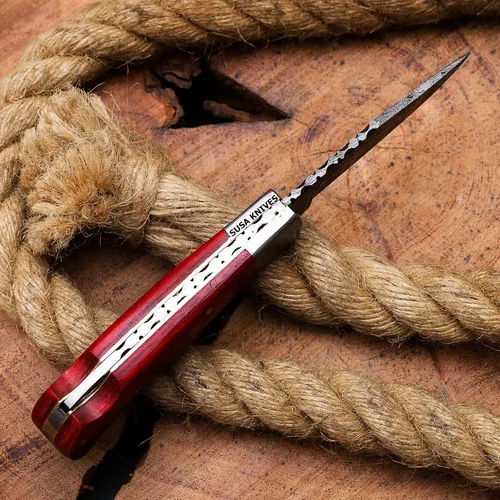 Miniatura 6 de Cuchillo de bolsillo de acero de Damasco, cuchillos de vaquero hechos a mano para exteriores, camping, senderismo, hoja de bloqueo trasera, cuchillo