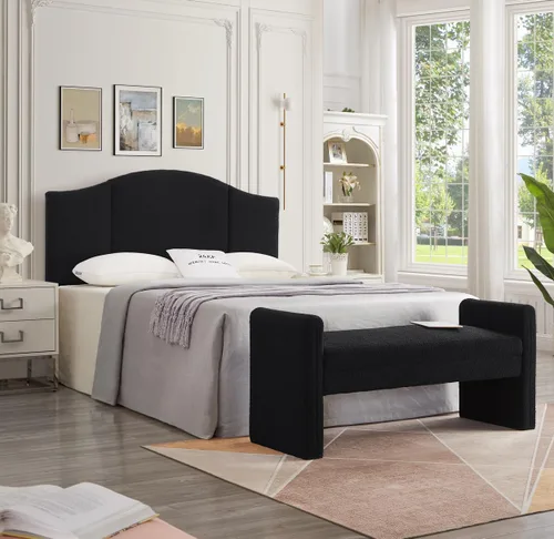 Miniatura 7 de 24KF Banco de Cama Tapizado Moderno Cubierto con Suave Tela Boucle Teddy, Hermoso Banco Otomano de Entrada con Reposabrazos, 5062-Negro