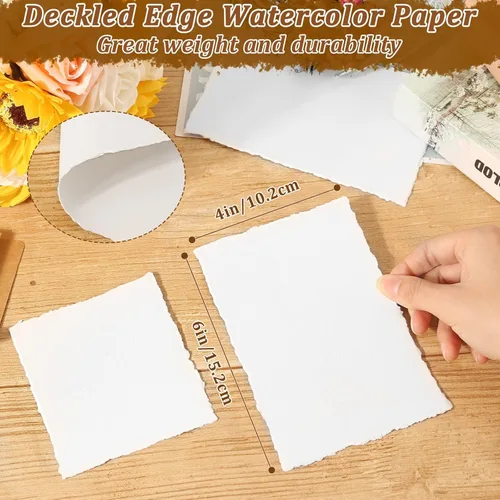 Miniatura 4 de 70 hojas de papel de borde deckled de 4 x 6 pulgadas, hojas de papel texturizado hecho a mano de 300 GSM, papel de acuarela imprimible a granel
