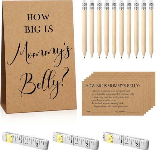 Miniatura 31 de Sabary 64 Piezas Juegos de Baby Shower Incluyen Letrero How Big is Mommy's Belly Sign Measure Bump Game 50 Tarjetas 10 Lápices 3 Cintas Métricas