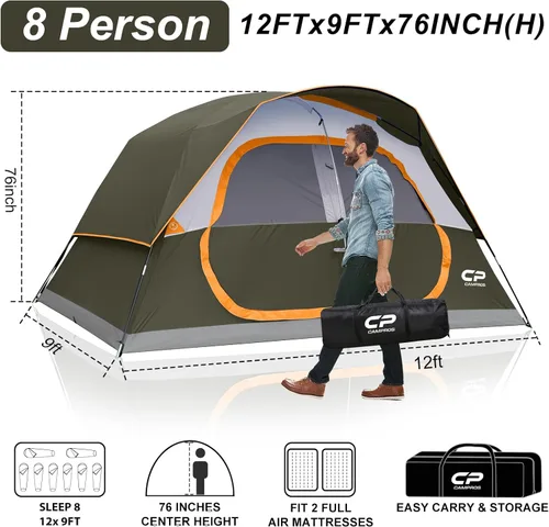 Miniatura 2 de CAMPROS CP Upgraded 6/8 Person Camping Tents, Waterproof Windproof Family Tent with Larger Mesh Windows & Door, Double Layer, Easy Set Up, Oliva-8