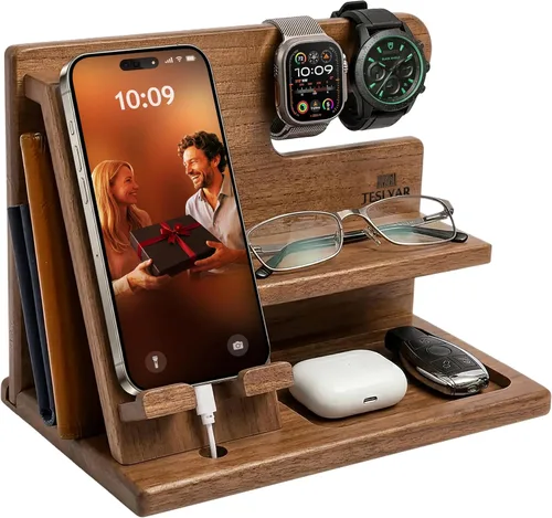 Miniatura 11 de TESLYAR Estación de acoplamiento de teléfono de madera para hombres - Organizador de escritorio o mesita de noche - Regalos de cumpleaños