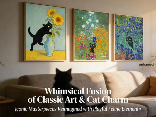 Miniatura 3 de 9 piezas divertidas de arte de pared de gato negro, gatos negros retro en pinturas famosas, carteles impresos, lindos gatos coloridos, decoración