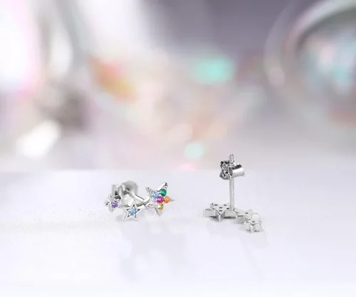 Miniatura 4 de Aretes de plata de ley 925 con estrellas, coloridos aretes de circonita cúbica, hipoalergénicos, para niñas y mujeres, en caja de regalo, Plata