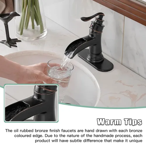 Miniatura 5 de BWE Grifo de baño en cascada de bronce frotado con aceite, llave de una manija, un agujero, grifo de lavabo, estilo granja, para tocador de baño