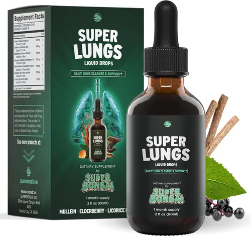 SuperBonsai Super Lungs Mullein Drops - Tintura de apoyo pulmonar a base de hierbas con extracto de hoja de gordolobo, saúco, Reishi, raíz de