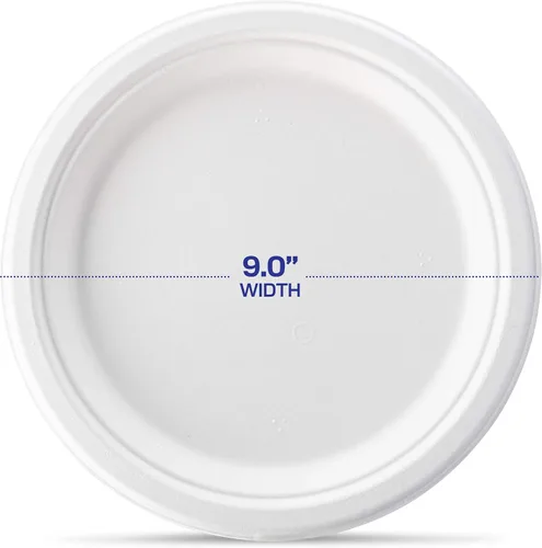 Miniatura 2 de Plato llano redondo desechable de bagazo blanco de 9 pulgadas, 100% fibras de caña de azúcar naturales compostables, resistente, a prueba de fugas