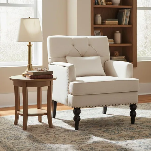 Miniatura 4 de HUIMO Silla de Club Acolchada, Silla de Acento con Almohada Lumbar, Sillón Tapizado con Botones, Sillas de Sofá de Tela de Lino para Dormitorio