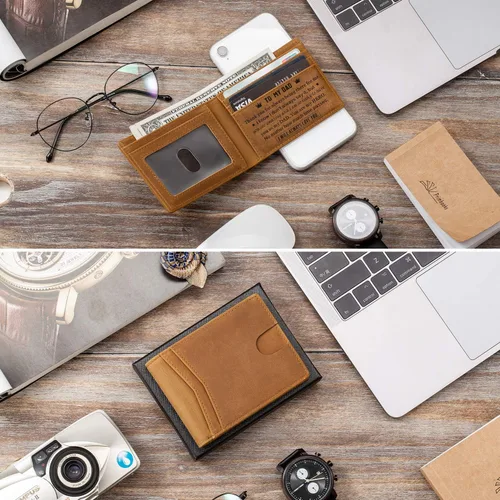 Miniatura 5 de Parmaye Cartera para hombre, billetera plegable personalizada para marido, papá, hijo, nieto, regalo de cuero genuino con bloqueo RFID, carteras