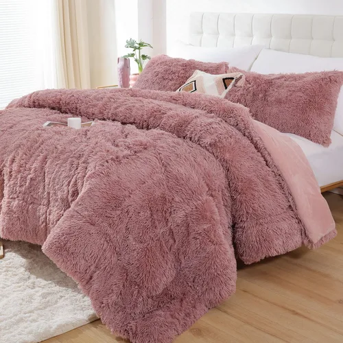 Miniatura 15 de Smoofy Juego de edredón esponjoso de tamaño Full, juego de edredón rosa de piel sintética, juego de ropa de cama mullido de lujo, juego de ropa