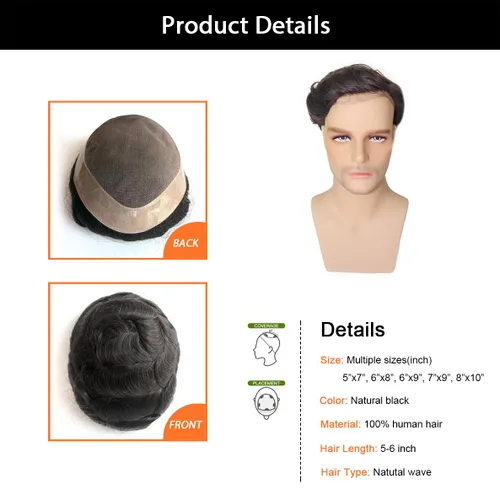 Miniatura 3 de Hywel Toupee para hombres con cabello humano 100% real, parte superior mono con revestimiento de poliéster alrededor de la gorra para hombre, piezas