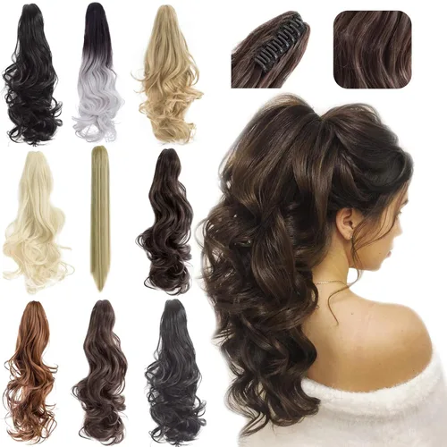 Miniatura 14 de Felendy Extensión de cola de caballo de 18 pulgadas, mezcla de rubio ceniza, marrón oscuro, rizado, ondulado, con clip, extensiones de cabello largo