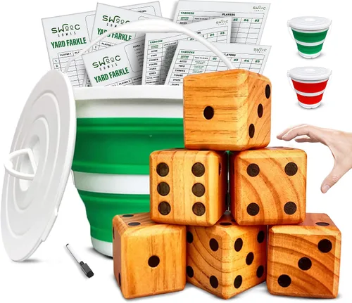 Miniatura 8 de SWOOC Yardzee, Farkle y más de 20 juegos – Juego de dados ligeros para patio (todo tipo de clima) con cubo plegable, 5 tarjetas de puntuación
