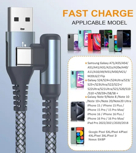 Miniatura 3 de sweguard Cable de carga USB tipo C en ángulo recto [2 unidades, 20 pies] 3.1A cable trenzado de nailon para iPhone 17, 16, 15 Pro Max Plus, iPhone