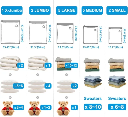 Miniatura 6 de Bolsas de almacenamiento al vacío BoxLegend con bomba de mano grande, paquete de 15 (1X-Jumbo, 2 Jumbo, 5 grandes, 5 medianas, 2 pequeñas) Bolsas