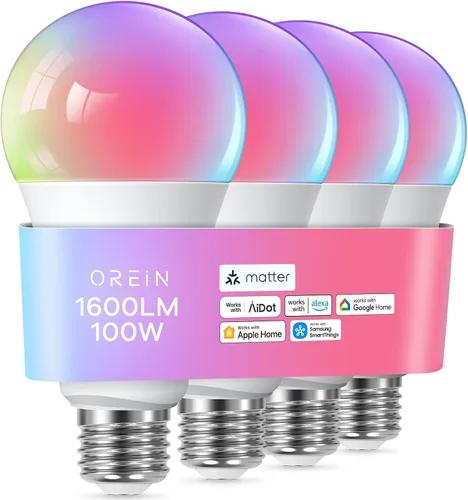 Miniatura 12 de OREiN Matter Bombilla Inteligente, 1100 Lúmenes Equivalente a 75W Bombillas Inteligentes, Bombillas de Luz que Cambian de Color Funcionan con Apple