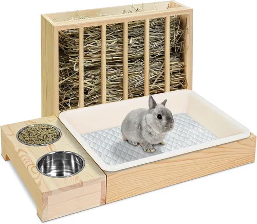 MOBYKE Comedero de heno para conejos 3 en 1 con caja de arena, de madera, a prueba de desorden, para cobayas, chinchillas, hámsters, conejos enanos