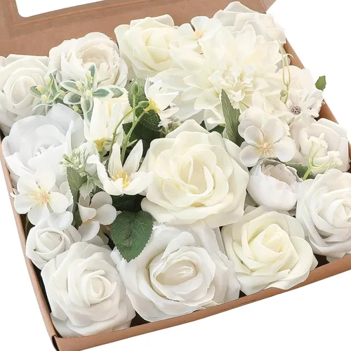 Miniatura 19 de Floroom - Flores artificiales de aspecto real en color lila, lavanda, púrpura y crema, rosas falsas, dalias y vegetación en conjunto de caja