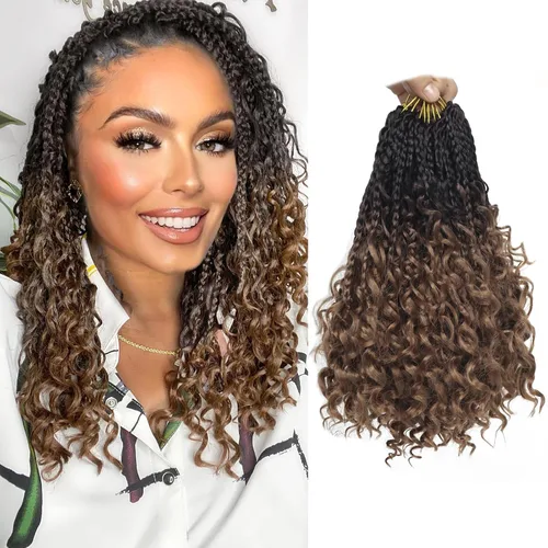 Trenzas de Caja Goddess de Crochet con Puntas Rizadas de 10 Pulgadas, Trenzas de Crochet Boho, Paquete de 8, 3X, Extensiones de Cabello Sintético de