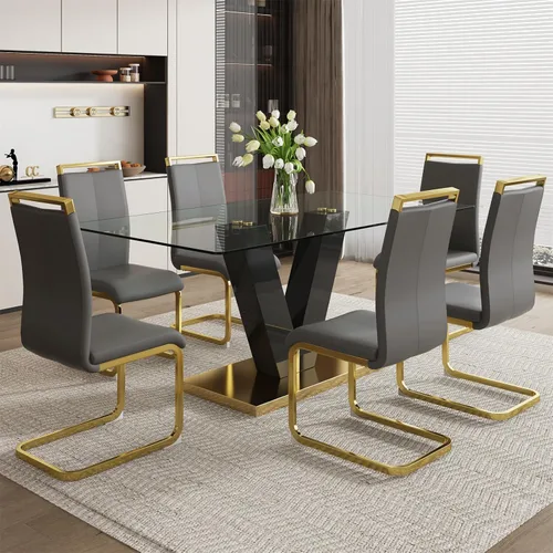 Miniatura 3 de Juego de mesa de comedor de vidrio de 71 pulgadas para 6, juego de 6 mesas de comedor, mesa de cocina moderna y 6 sillas de poliuretano, parte 6