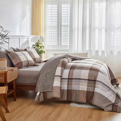 Miniatura 3 de AIKASY Bed in a Bag - Juego de edredón reversible de microfibra suave de 7 piezas tamaño Queen con diseño de cuadros marrones para todas