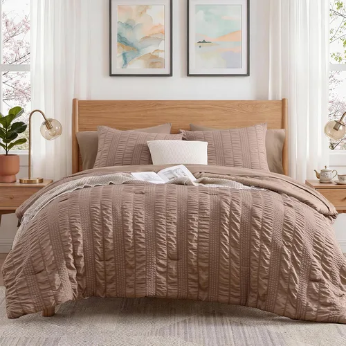 Miniatura 9 de CASAAGUSTO Juego de edredón Twin XL, 5 piezas de cama de seersucker beige en una bolsa, tamaño Twin, suave para todas las estaciones, juegos de ropa