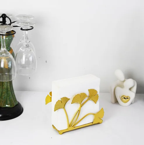 Miniatura 7 de Owlgift Servilletero moderno de hoja de ginkgo dorado pintado – Servilletero de papel decorativo de hierro de primera calidad de 6.7 pulgadas