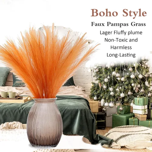 Miniatura 5 de Decoración de hierba de pampa naranja otoñal, 30 piezas de 17 pulgadas de hierba de pampa sintética, arreglo floral de hierba de pompas y relleno