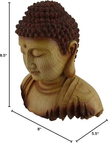 Miniatura 4 de Zeckos Estatua decorativa de madera tallada de imitación con cabeza de Buda meditadora