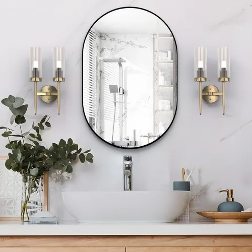 Miniatura 5 de Espejo ovalado de baño, espejo de tocador de pared con cápsula, espejo de píldora de 24 x 36 pulgadas, espejo grande y moderno con marco de metal